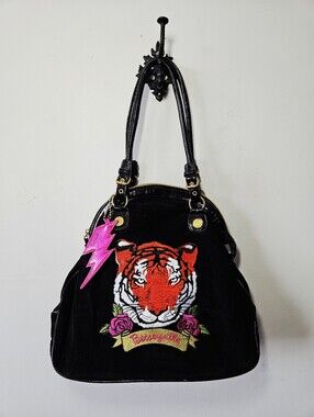 Vintage Y2K Betsey Johnson Tiger Velour Shoulder Bag Betseyville Black Purse